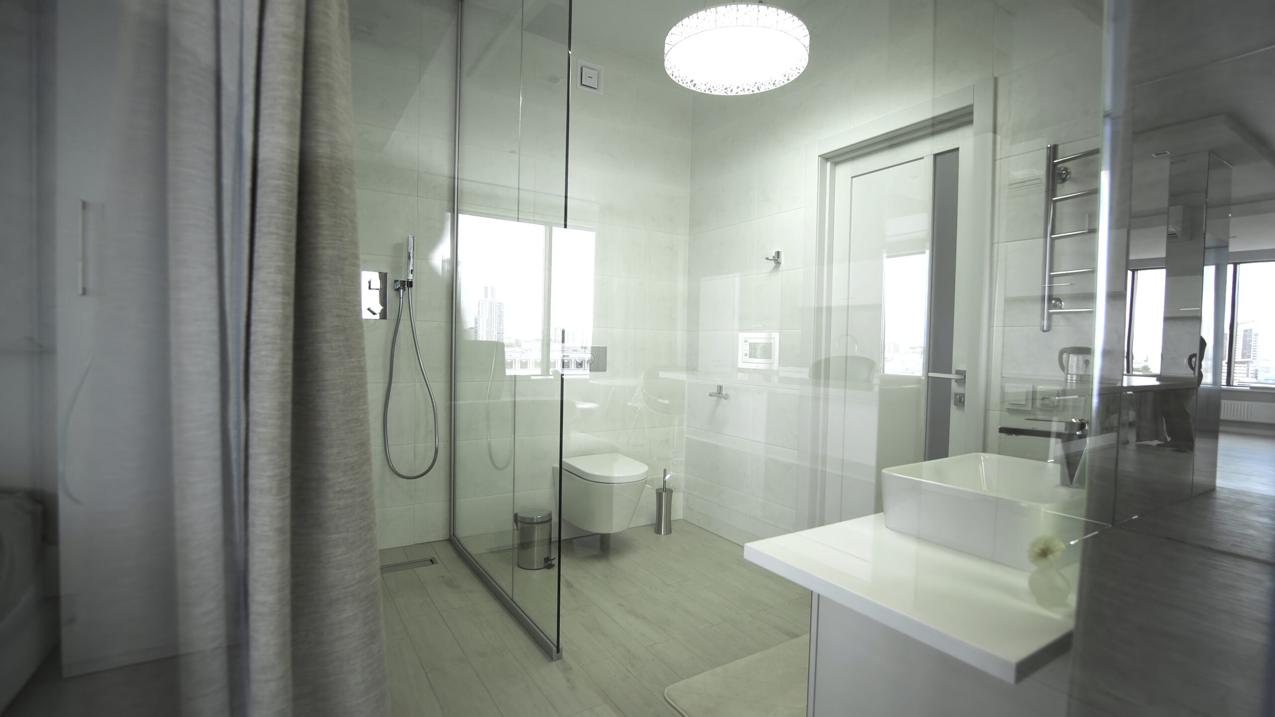 interior of modern bathroom with shower.
